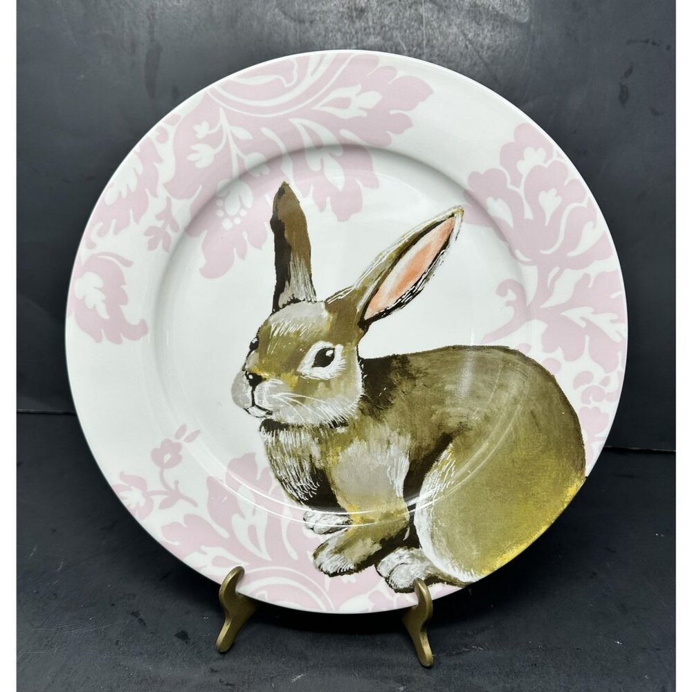 CIROA PINK BUNNY Porcelain Dinner Plate Floral Damask Easter Spring Rabbit